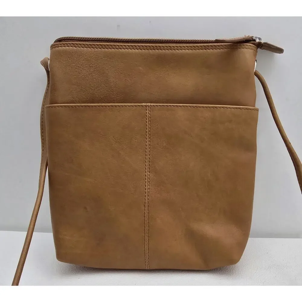 ILI New York Midi Sac Crossbody Saddle Brown Leather Zippers RFID NEW